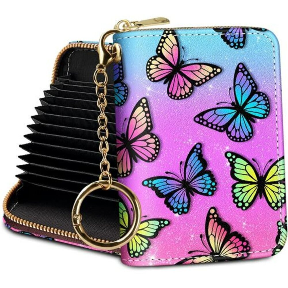 RFID Credit Card Holder Wallet for Women with Zipper Keychain Butterfly Print